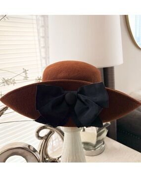 VTG Brown Wool Flip Back Black Bow Hat